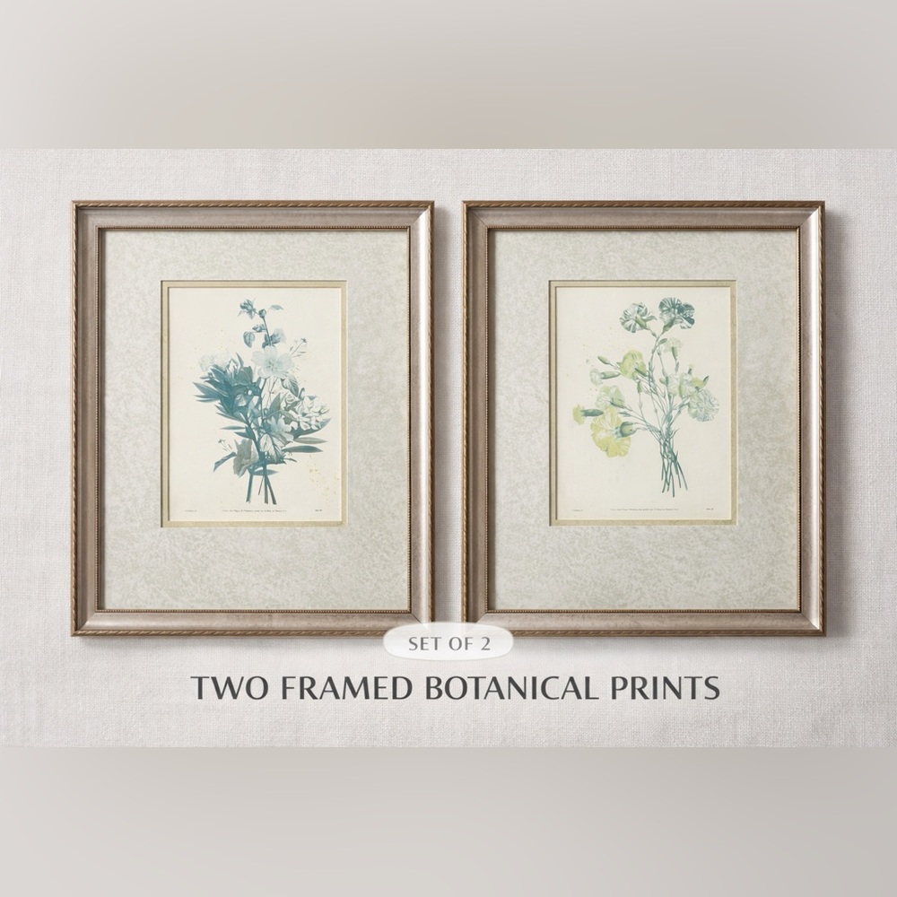 Set of 2 Vintage Botanical Prints Paragon Frame Floral Wall Art Gold Mat Estate